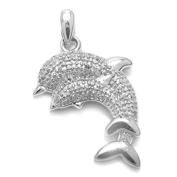 LUXURIOUS STERLING SILVER MOTHER AND BABY DOLPHIN PENDANT WITH 0.15 CT DIAMOND - Picture 2 of 3